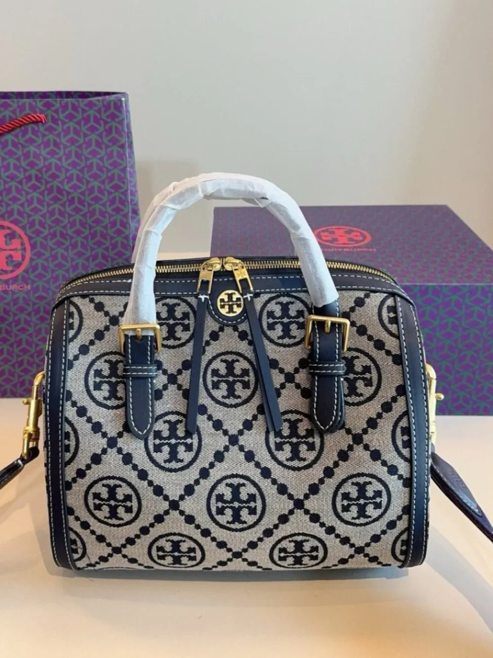 Tory Burch Monogram Jacquard Boston Satchel Bag